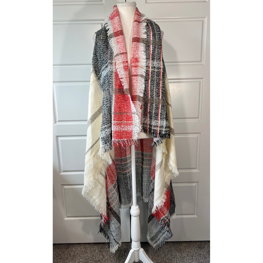 Vince Camuto Blanket‎ Scarf Wrap Shawl Fringed Plaid Red Black Gray Cream OS